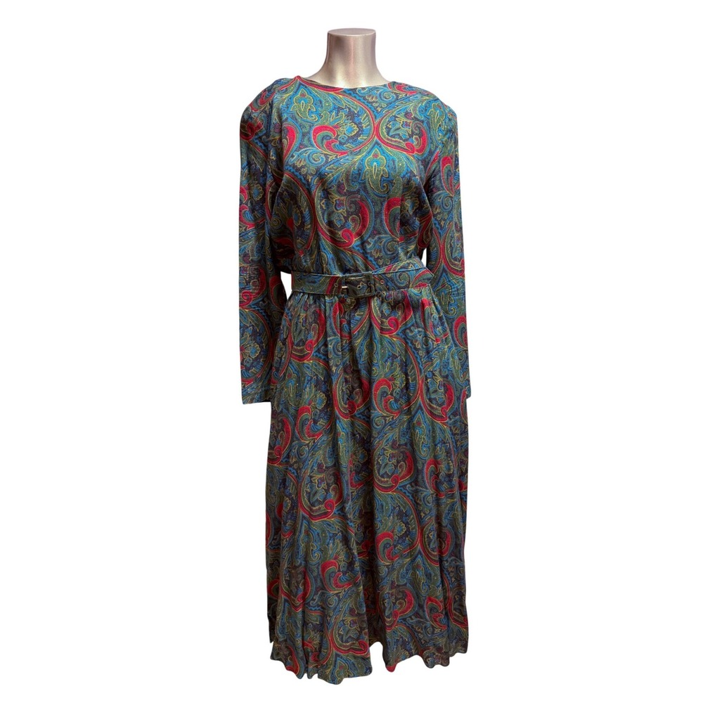 Patty O'Neil Vintage 90s‎ Paisley Maxi Dress Long Sleeve Belted Rayon Size 7-8